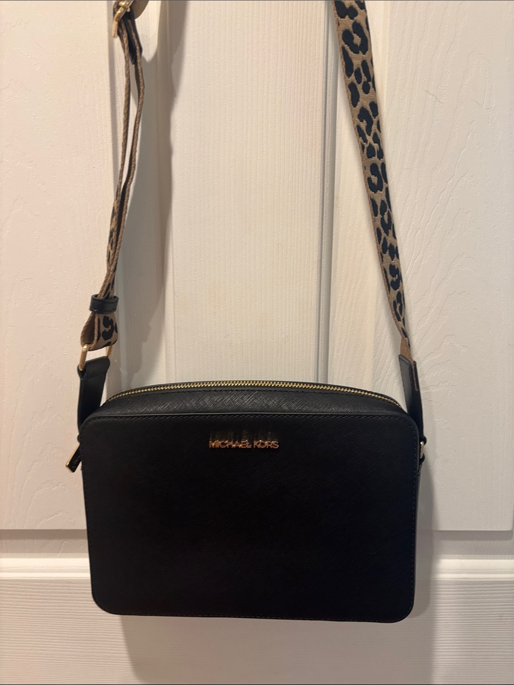 Michael Kors Black Crossbody Bag with Leopard-Print Strap